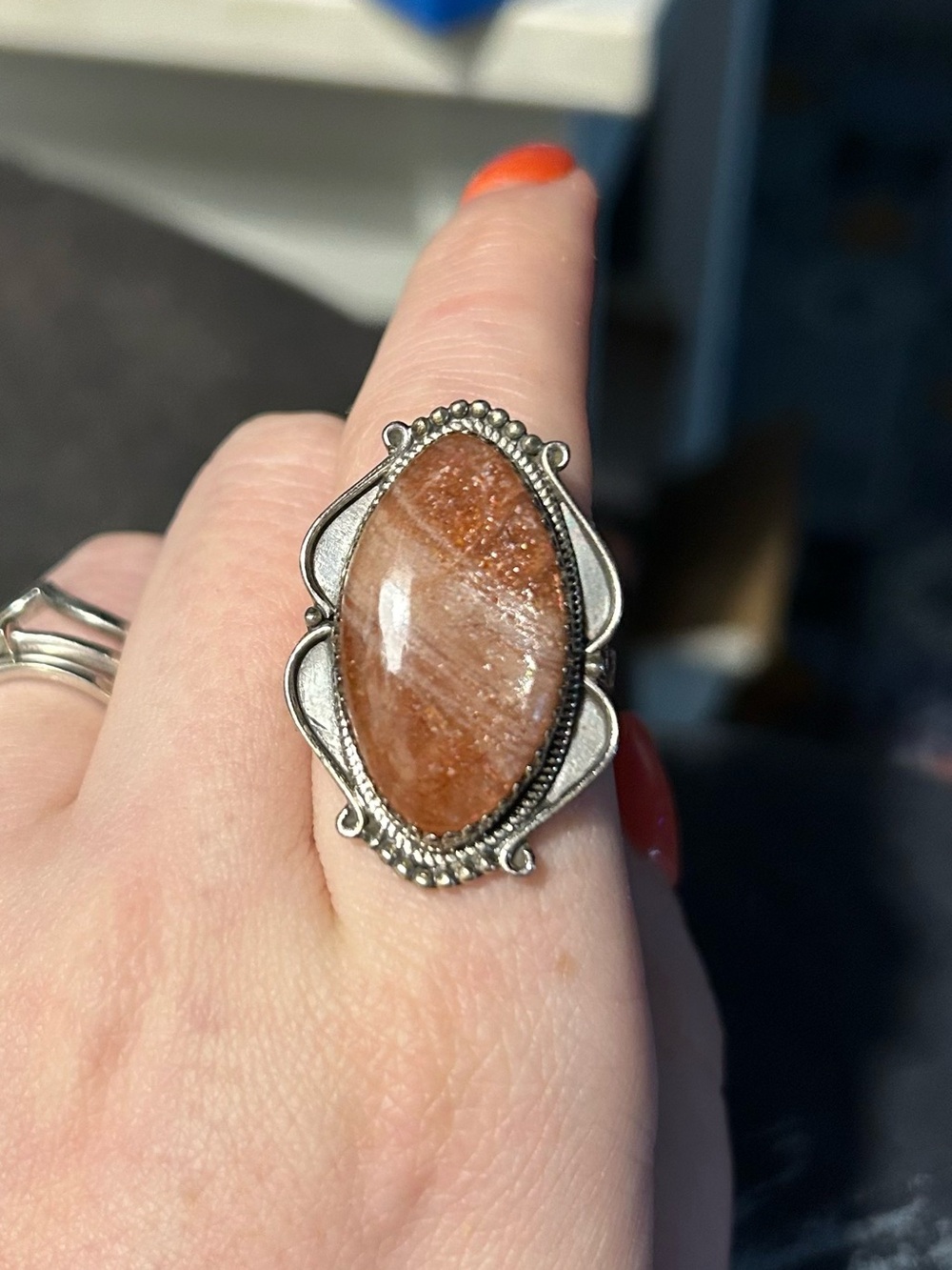 Women's Orange Sunstone Marquise Silver Ring